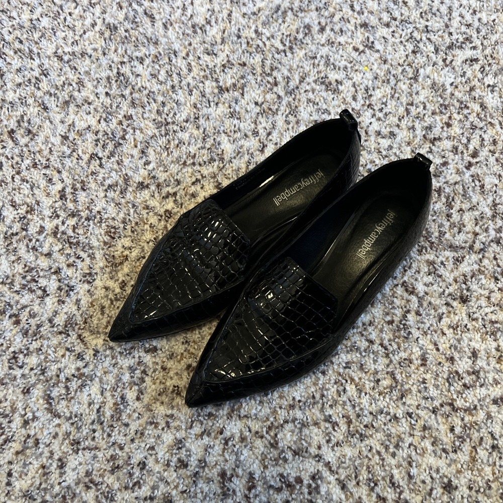 Jeffrey Campbell Black Croc-Textured Pointed Toe Flats